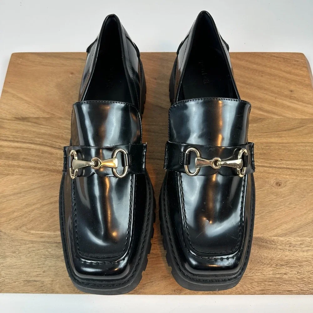 New Womens Open Edit Heather Black Faux Leather Horsebit‎ Lug Sole Loafers Sz 11